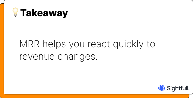 Takeaway card highlighting that MRR helps businesses react quickly to revenue changes, emphasizing its importance as a short-term metric.