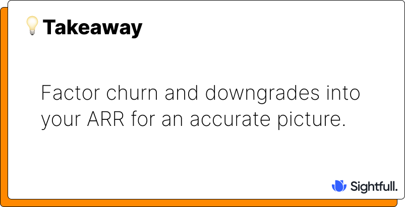 Takeaway card emphasizing the importance of factoring churn and downgrades into ARR calculations for a more accurate financial picture.