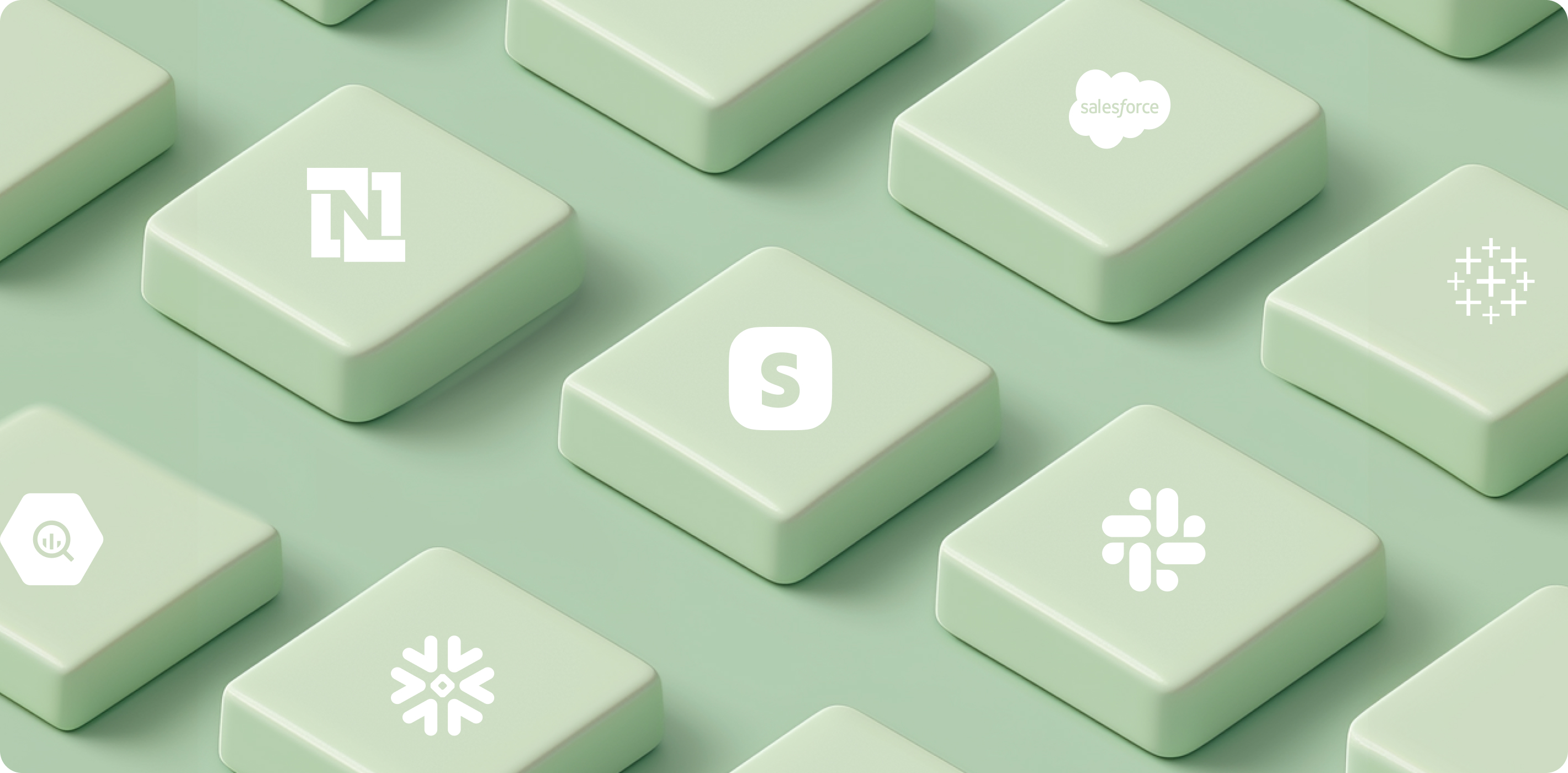 Visual representation of data integration tools, featuring icons for Snowflake, BigQuery, Salesforce, and other platforms on a grid of green tiles.