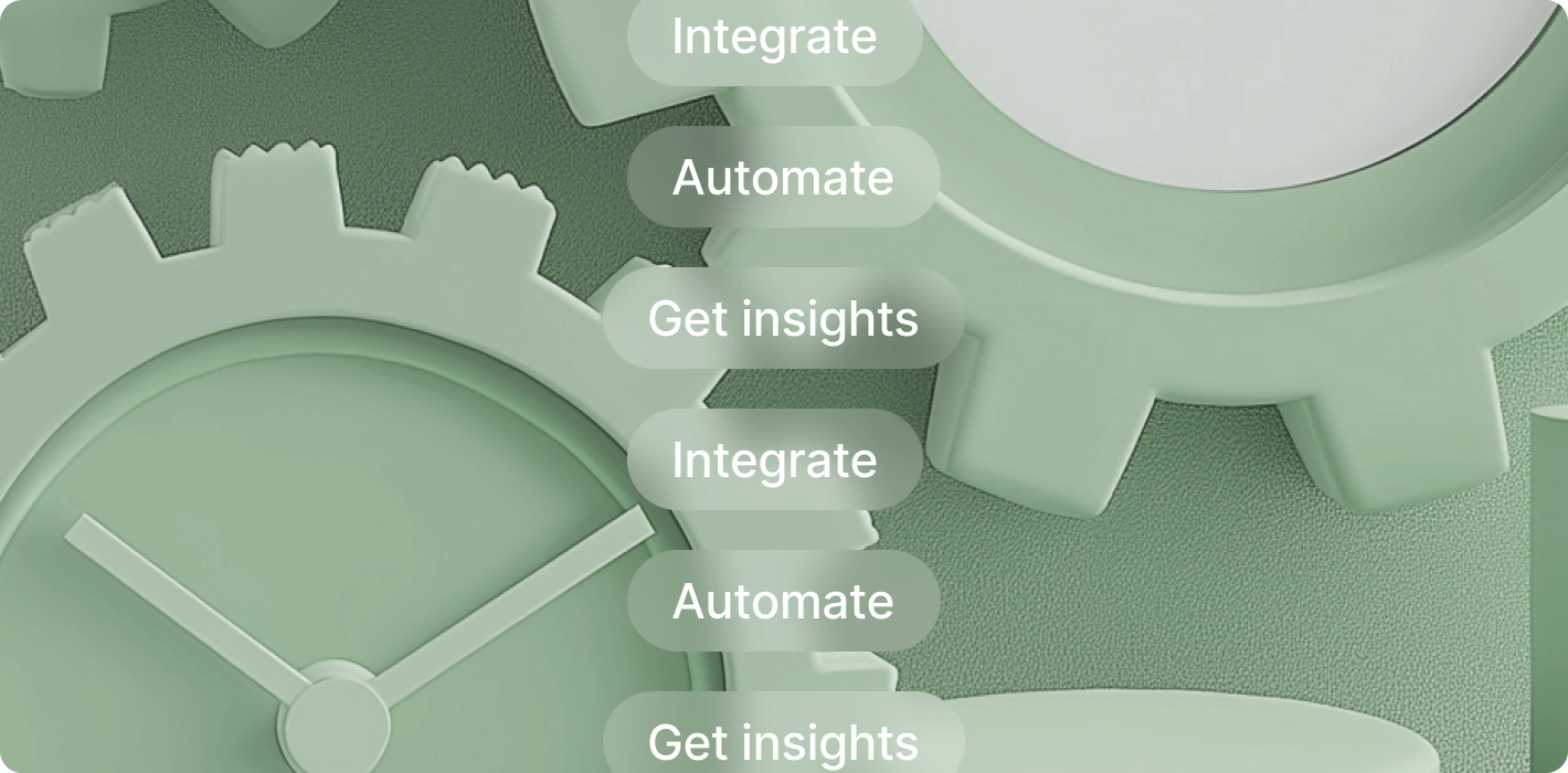 Graphic featuring interlocking gears with overlayed text steps: Integrate, Automate, and Get Insights, symbolizing data integration and process optimization.