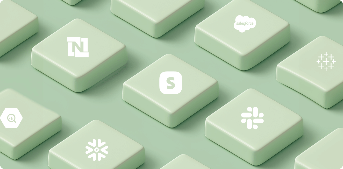 Visual representation of data integration tools, featuring icons for Snowflake, BigQuery, Salesforce, and other platforms on a grid of green tiles.