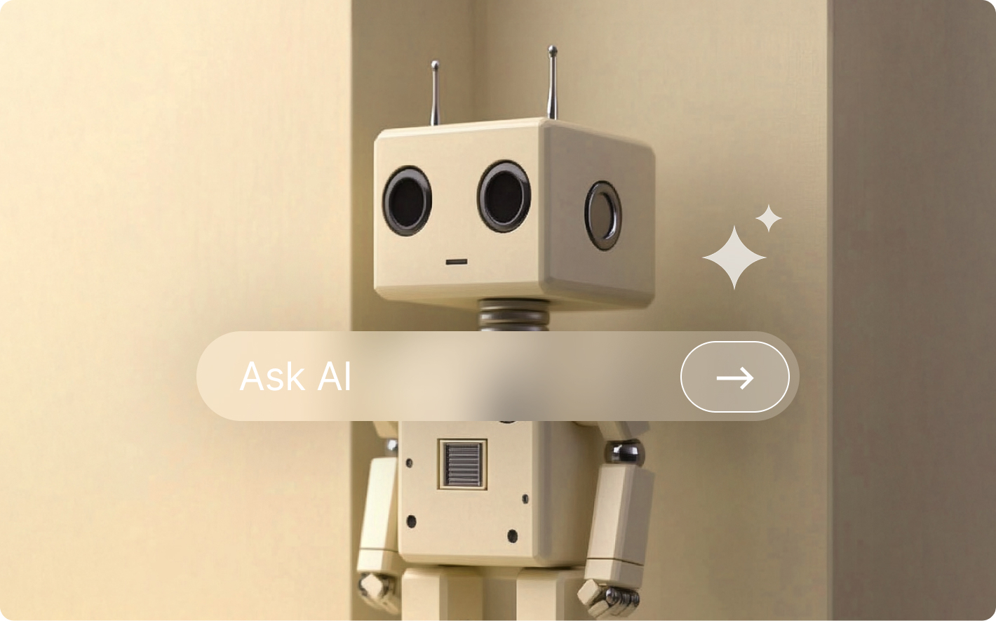 A stylized beige robot with antennae, overlaid with an ‘Ask AI’ button, symbolizing the influence of AI on business analytics.