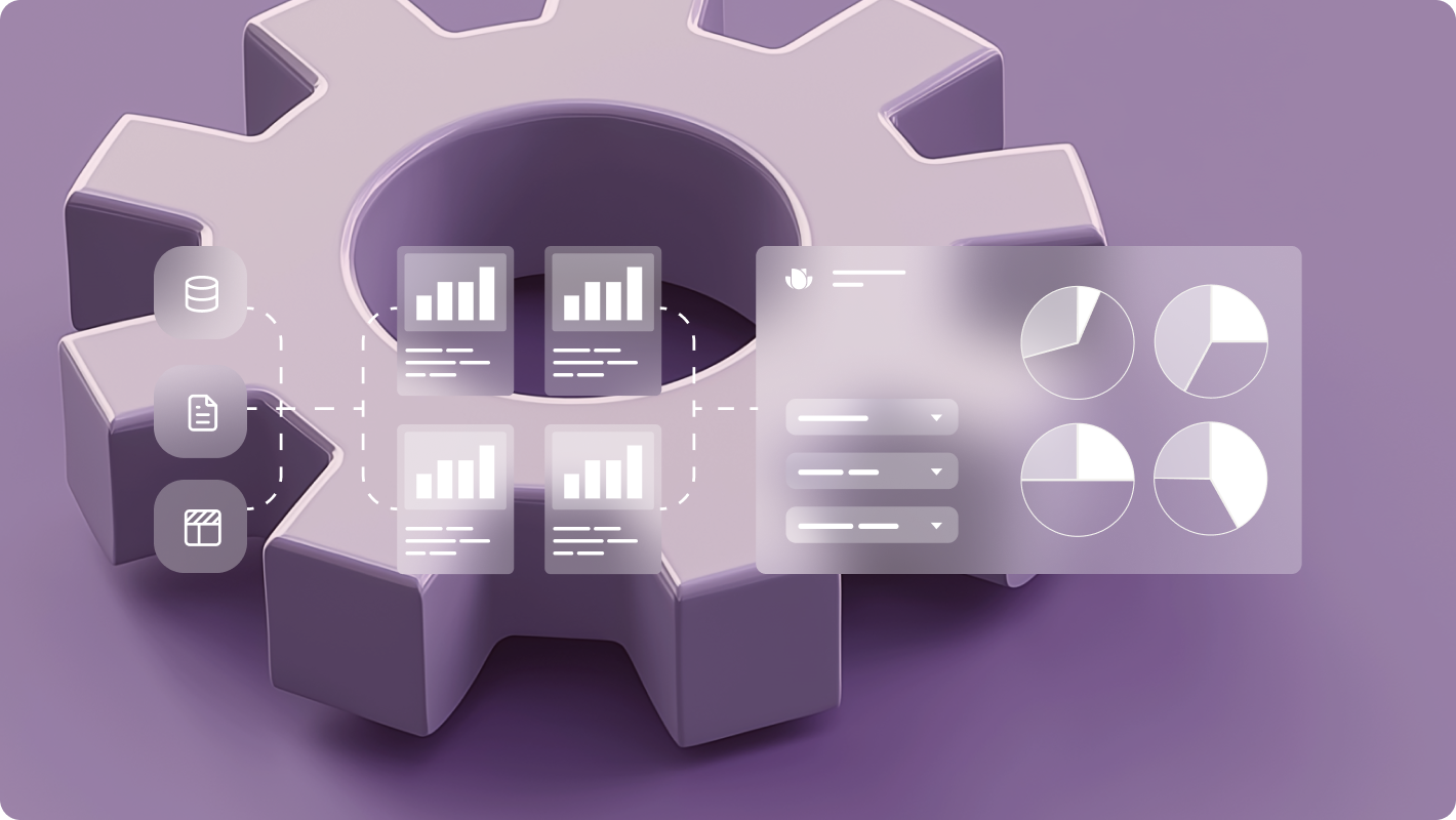 A stylized gear representing automation, surrounded by floating data visualizations, bar charts, and pie charts, symbolizing streamlined SaaS KPI tracking with Sightfull.